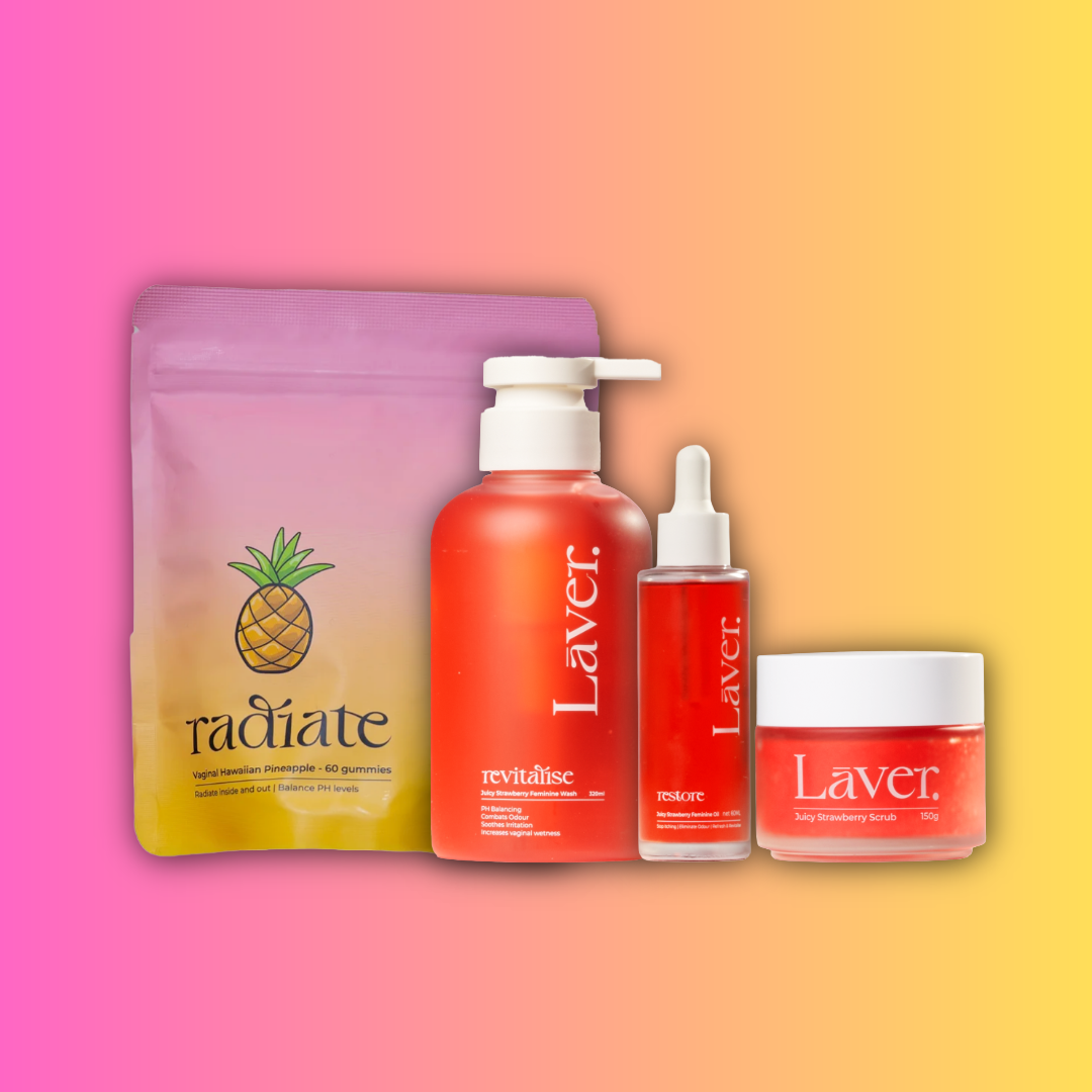 Vaginal Pineapple Gummies & Strawberry Body Shower Gel Wash, Oil & Scrub Bundle