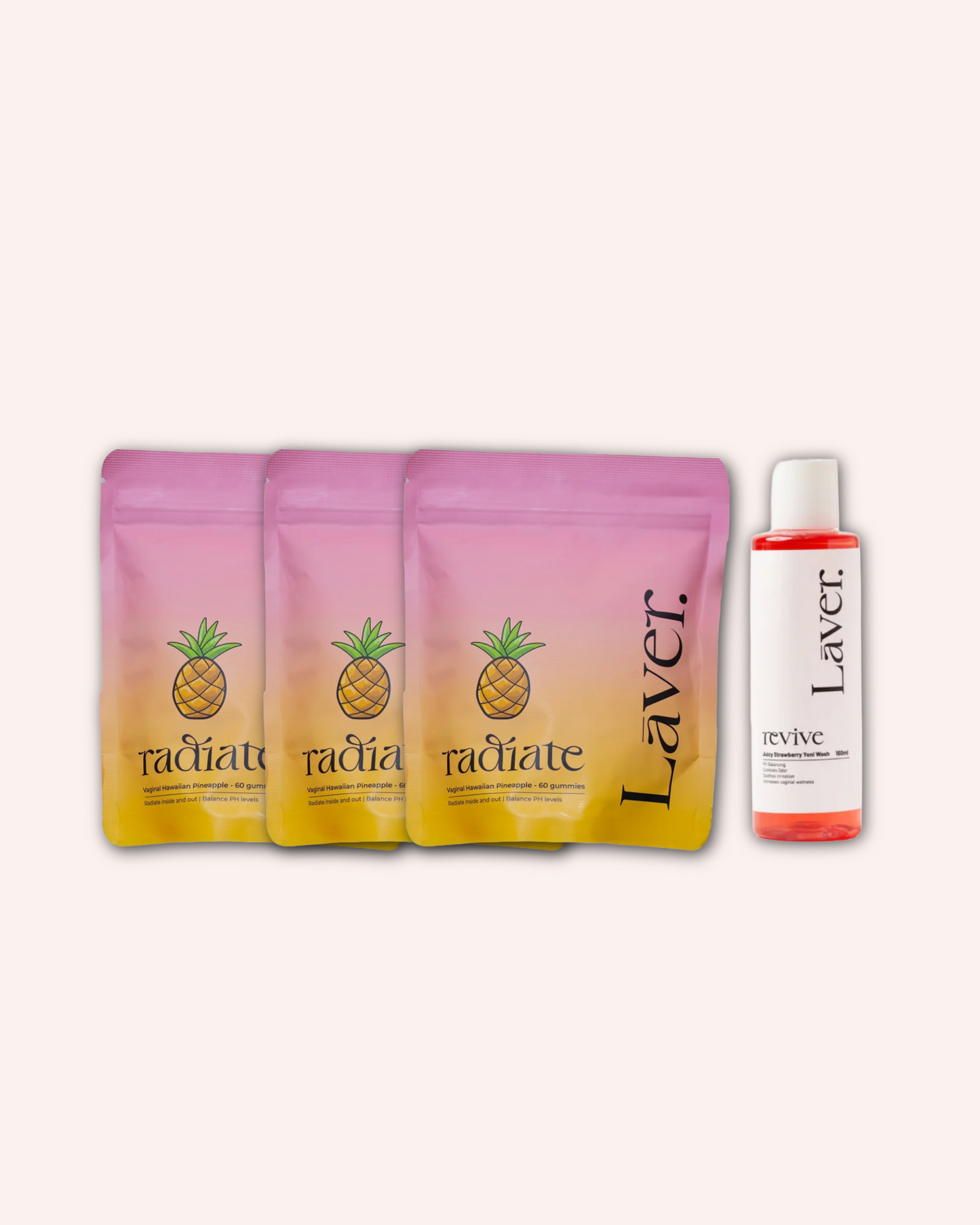 Three pink pouches with a pineapple icon and 'Laver' branding, next to a white bottle with 'Laver' branding on a white background.