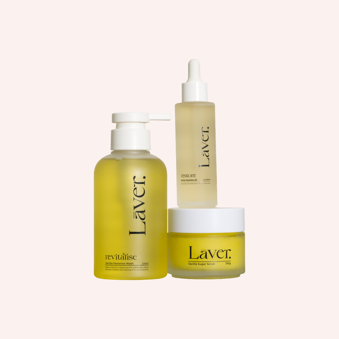 Láver skincare products including a serum, cream, and bottle on a white background