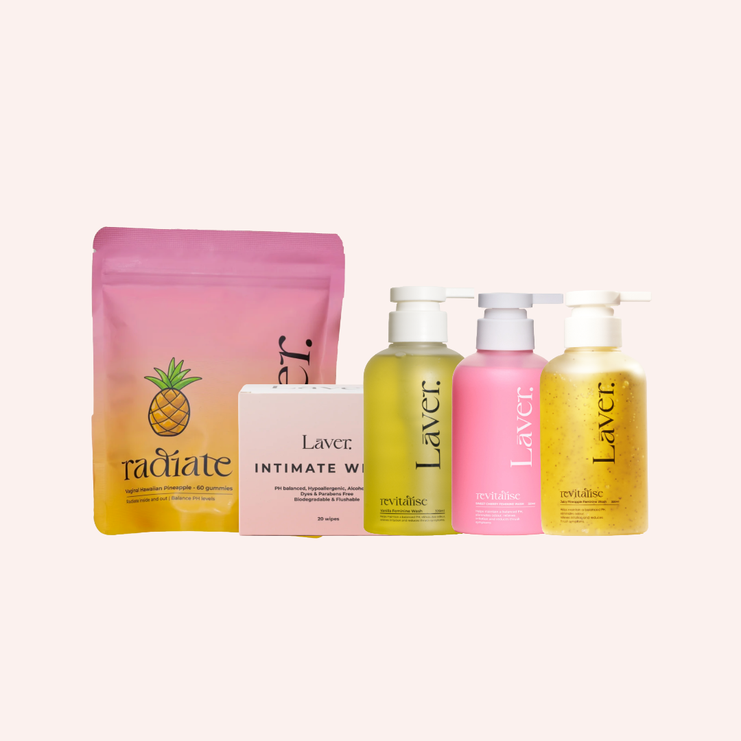 The Daily Ritual Feminine Intimate PH Balanced Cherry, Pineapple & Vanilla Gel Body Wash, Pineapple Probiotic Gummies & Peach Wipes Bundle