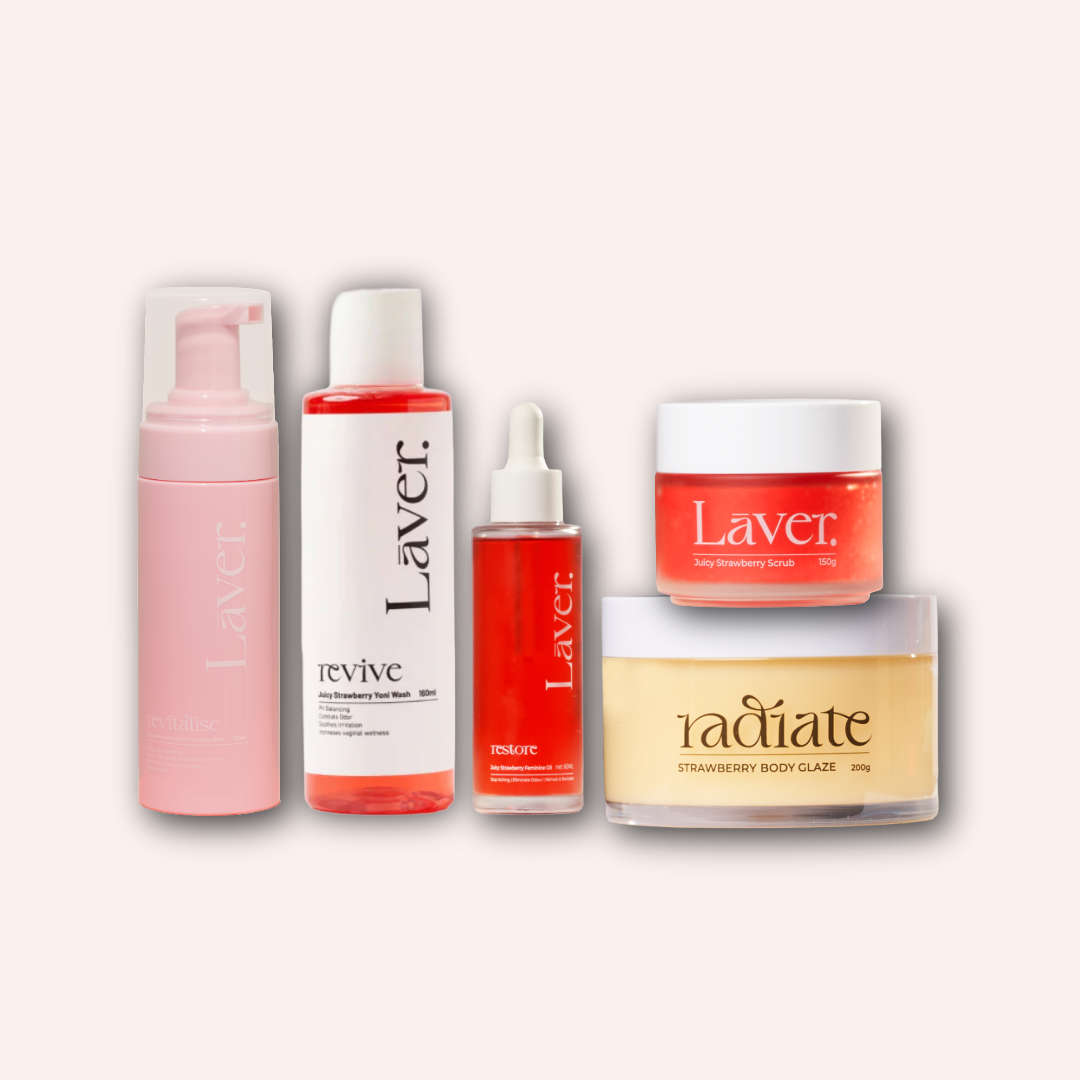Vaginal Strawberry Gel & Foam Wash, Oil, Scrub & Strawberry Body Glaze Bundle